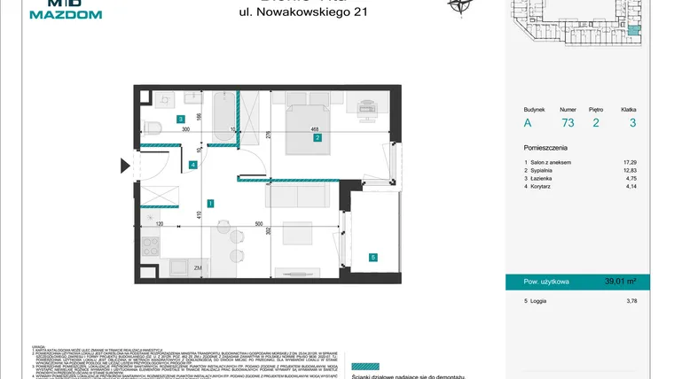 Rzut - Mieszkanie na sprzedaż 2 pokoje o powierzchni 39,01 m² - numer 73 w Błonie Vita