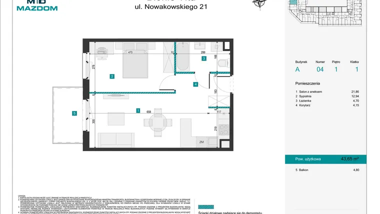 Rzut - Mieszkanie na sprzedaż 2 pokoje o powierzchni 43,65 m² - numer 4 w Błonie Vita