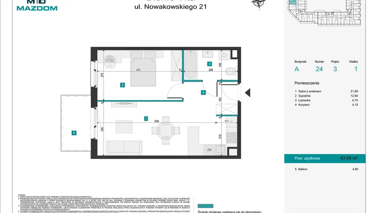 Rzut - Mieszkanie na sprzedaż 2 pokoje o powierzchni 43,65 m² - numer 24 w Błonie Vita