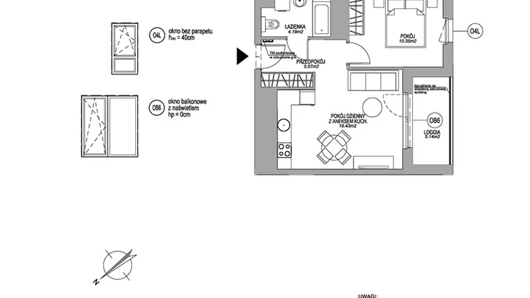 Rzut - Mieszkanie na sprzedaż 2 pokoje o powierzchni 38,54 m² - numer F.1.3.3 w Rumia Centralna II