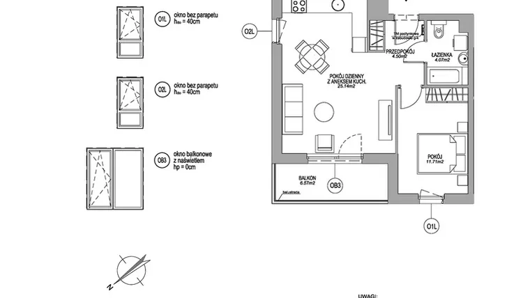 Rzut - Mieszkanie na sprzedaż 2 pokoje o powierzchni 45,42 m² - numer F.2.3.4 w Rumia Centralna II