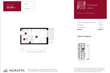 Rzut - Mieszkanie na sprzedaż 1 pokój o powierzchni 25,59 m² - numer 1.A.0.15 w Murapol Helio bud. 1 i 4
