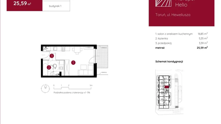 Rzut - Mieszkanie na sprzedaż 1 pokój o powierzchni 25,59 m² - numer 1.A.0.15 w Murapol Helio bud. 1 i 4