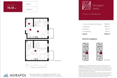 Rzut - Mieszkanie na sprzedaż 1 pokój o powierzchni 70,33 m² - numer 1.A.2.01 w Murapol Helio bud. 1 i 4