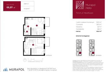 Rzut - Mieszkanie na sprzedaż 1 pokój o powierzchni 66,61 m² - numer 1.A.2.03 w Murapol Helio bud. 1 i 4