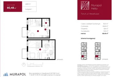 Rzut - Mieszkanie na sprzedaż 1 pokój o powierzchni 80,48 m² - numer 1.A.2.06 w Murapol Helio bud. 1 i 4