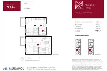 Rzut - Mieszkanie na sprzedaż 1 pokój o powierzchni 77,09 m² - numer 1.A.2.07 w Murapol Helio bud. 1 i 4