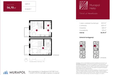 Rzut - Mieszkanie na sprzedaż 1 pokój o powierzchni 56,7 m² - numer 1.A.2.11 w Murapol Helio bud. 1 i 4
