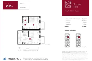 Rzut - Mieszkanie na sprzedaż 1 pokój o powierzchni 65,85 m² - numer 1.A.2.16 w Murapol Helio bud. 1 i 4