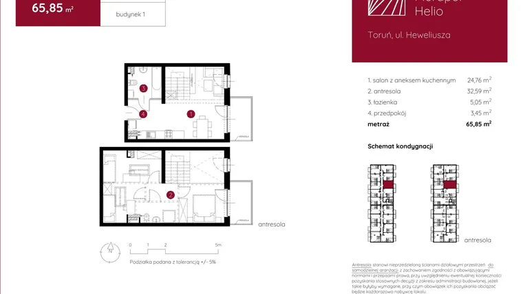 Rzut - Mieszkanie na sprzedaż 1 pokój o powierzchni 65,85 m² - numer 1.A.2.16 w Murapol Helio bud. 1 i 4
