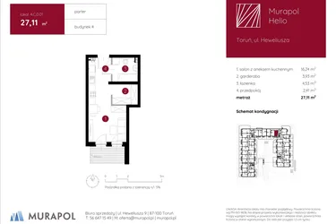 Rzut - Mieszkanie na sprzedaż 1 pokój o powierzchni 27,11 m² - numer 4.C.0.01 w Murapol Helio bud. 1 i 4