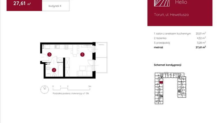 Rzut - Mieszkanie na sprzedaż 1 pokój o powierzchni 27,61 m² - numer 4.B.1.02 w Murapol Helio bud. 1 i 4