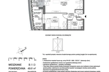 Rzut - Mieszkanie na sprzedaż 2 pokoje o powierzchni 49,61 m² - numer B.1.1.3 w Park Migowo