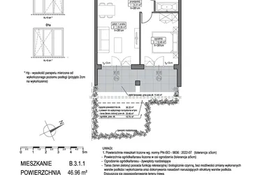 Rzut - Mieszkanie na sprzedaż 2 pokoje o powierzchni 46,96 m² - numer B.3.1.1 w Park Migowo