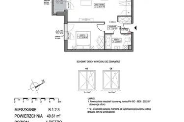 Rzut - Mieszkanie na sprzedaż 2 pokoje o powierzchni 49,61 m² - numer B.1.2.3 w Park Migowo