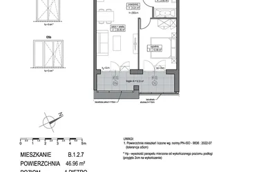 Rzut - Mieszkanie na sprzedaż 2 pokoje o powierzchni 46,96 m² - numer B.1.2.7 w Park Migowo