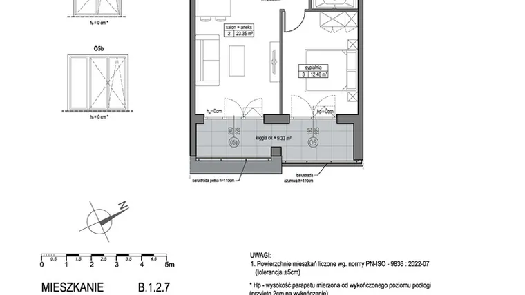 Rzut - Mieszkanie na sprzedaż 2 pokoje o powierzchni 46,96 m² - numer B.1.2.7 w Park Migowo