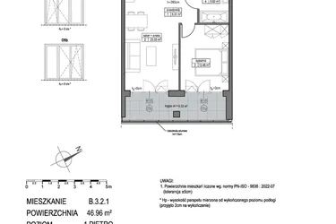 Rzut - Mieszkanie na sprzedaż 2 pokoje o powierzchni 46,96 m² - numer B.3.2.1 w Park Migowo