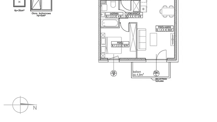 Rzut - Mieszkanie na sprzedaż 2 pokoje o powierzchni 43,68 m² - numer B.1.2.2 w Forma II