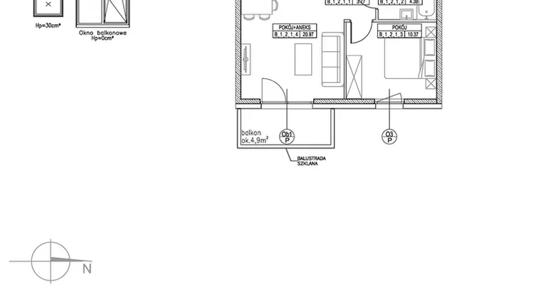 Rzut - Mieszkanie na sprzedaż 2 pokoje o powierzchni 39,41 m² - numer B.1.2.1 w Forma II