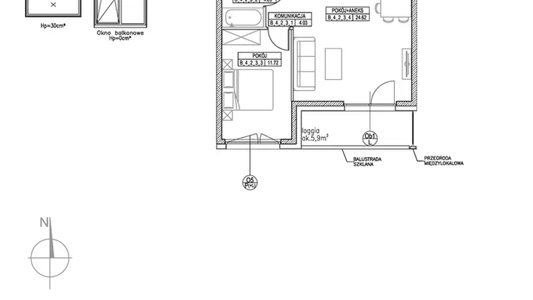 Rzut - Mieszkanie na sprzedaż 2 pokoje o powierzchni 44,62 m² - numer B.4.2.3 w Forma II
