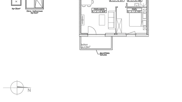 Rzut - Mieszkanie na sprzedaż 2 pokoje o powierzchni 39,41 m² - numer B.1.3.1 w Forma II