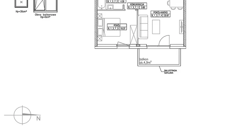 Rzut - Mieszkanie na sprzedaż 2 pokoje o powierzchni 39,44 m² - numer B.1.3.7 w Forma II