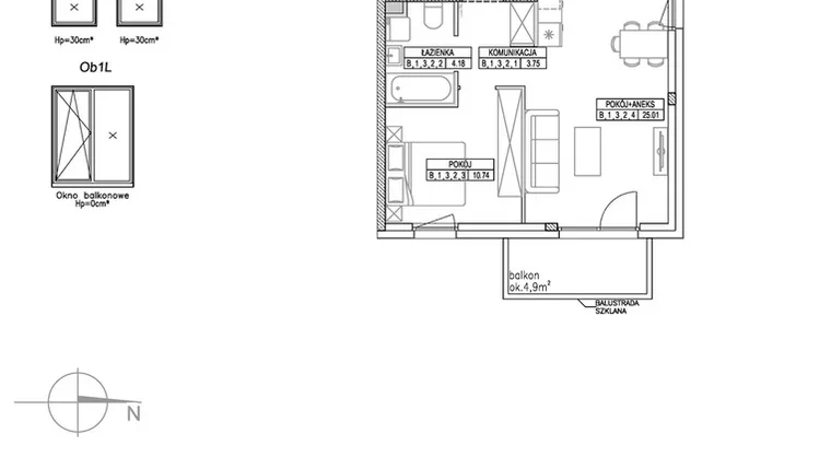 Rzut - Mieszkanie na sprzedaż 2 pokoje o powierzchni 43,68 m² - numer B.1.3.2 w Forma II