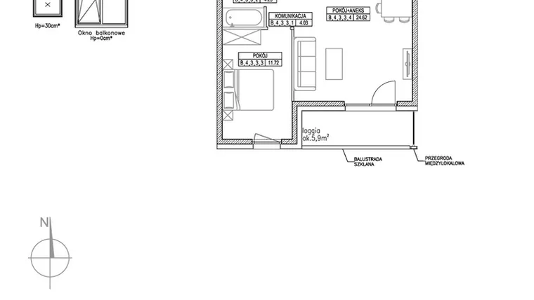 Rzut - Mieszkanie na sprzedaż 2 pokoje o powierzchni 44,62 m² - numer B.4.3.3 w Forma II