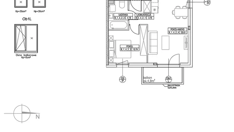 Rzut - Mieszkanie na sprzedaż 2 pokoje o powierzchni 43,68 m² - numer B.1.4.2 w Forma II