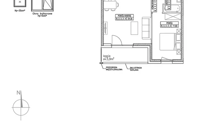 Rzut - Mieszkanie na sprzedaż 2 pokoje o powierzchni 44,76 m² - numer B.3.3.2 w Forma II