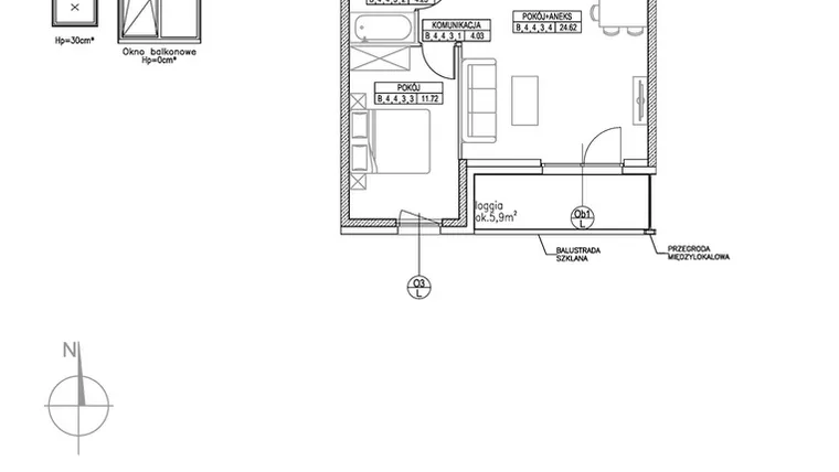 Rzut - Mieszkanie na sprzedaż 2 pokoje o powierzchni 44,62 m² - numer B.4.4.3 w Forma II