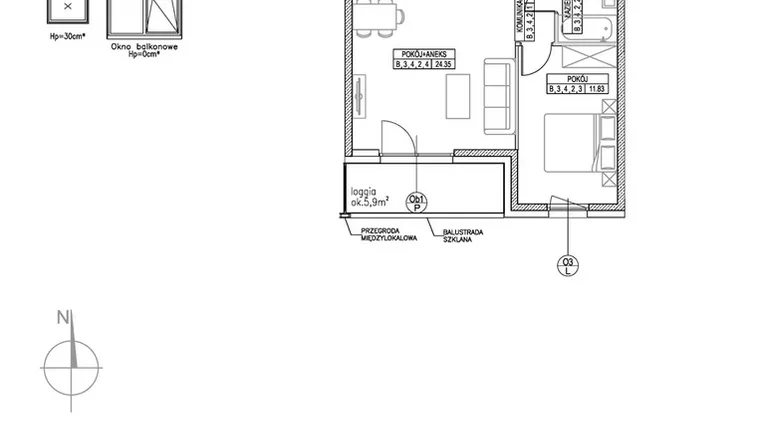 Rzut - Mieszkanie na sprzedaż 2 pokoje o powierzchni 44,76 m² - numer B.3.4.2 w Forma II