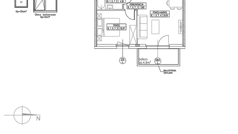 Rzut - Mieszkanie na sprzedaż 2 pokoje o powierzchni 39,44 m² - numer B.1.5.7 w Forma II