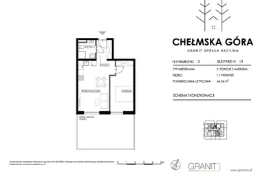 Rzut - Mieszkanie na sprzedaż 2 pokoje o powierzchni 44,36 m² - numer 13-M3 w Chełmska Góra etap II
