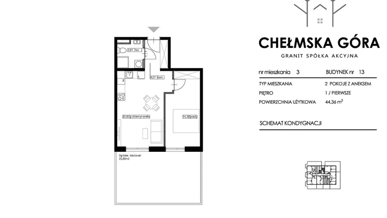 Rzut - Mieszkanie na sprzedaż 2 pokoje o powierzchni 44,36 m² - numer 13-M3 w Chełmska Góra etap II