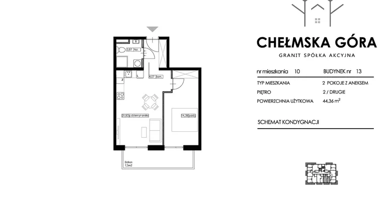 Rzut - Mieszkanie na sprzedaż 2 pokoje o powierzchni 44,36 m² - numer 13-M10 w Chełmska Góra etap II