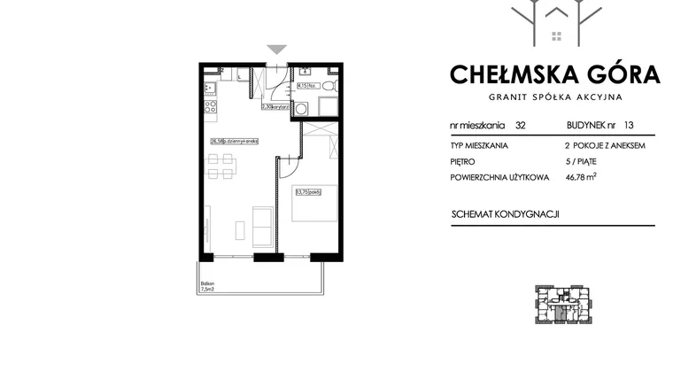 Rzut - Mieszkanie na sprzedaż 2 pokoje o powierzchni 46,78 m² - numer 13-M32 w Chełmska Góra etap II
