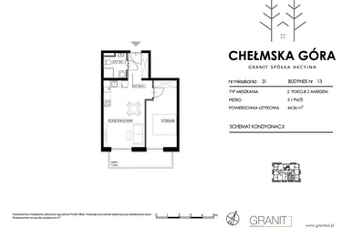 Rzut - Mieszkanie na sprzedaż 2 pokoje o powierzchni 44,36 m² - numer 13-M31 w Chełmska Góra etap II