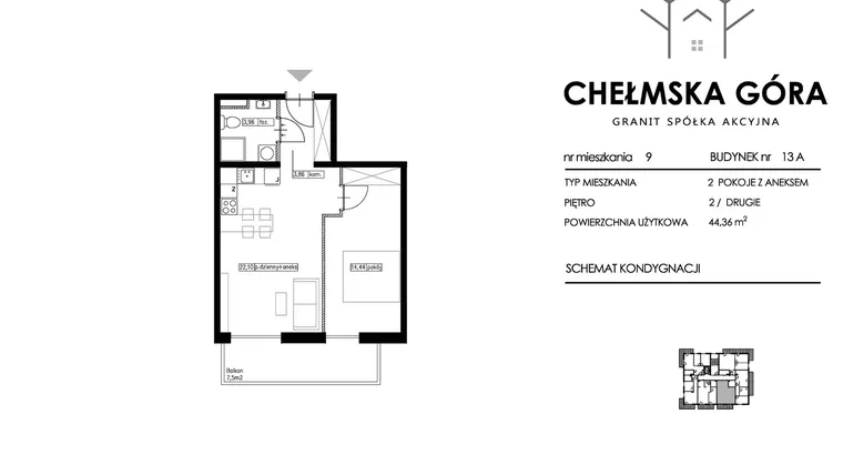 Rzut - Mieszkanie na sprzedaż 2 pokoje o powierzchni 44,36 m² - numer 13A-M9 w Chełmska Góra etap II
