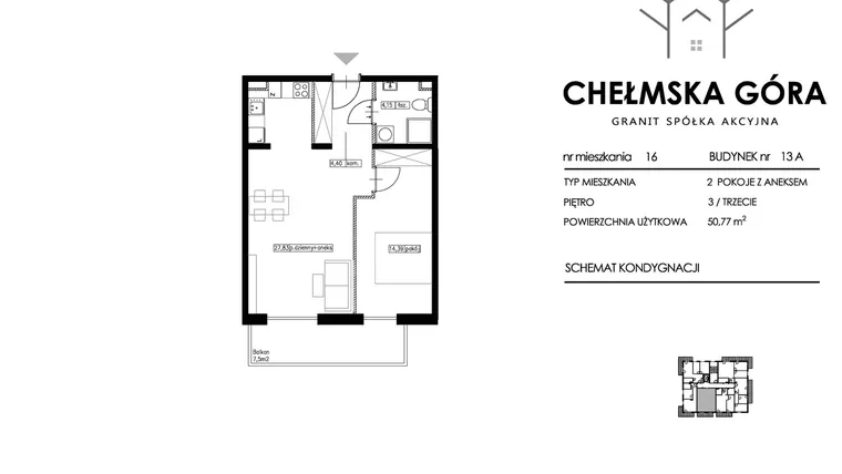 Rzut - Mieszkanie na sprzedaż 2 pokoje o powierzchni 50,77 m² - numer 13A-M16 w Chełmska Góra etap II