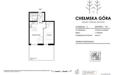 Rzut - Mieszkanie na sprzedaż 2 pokoje o powierzchni 44,36 m² - numer 13A-M3 w Chełmska Góra etap II