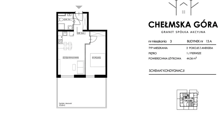 Rzut - Mieszkanie na sprzedaż 2 pokoje o powierzchni 44,36 m² - numer 13A-M3 w Chełmska Góra etap II
