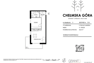 Rzut - Mieszkanie na sprzedaż 2 pokoje o powierzchni 43,64 m² - numer 13A-M11 w Chełmska Góra etap II