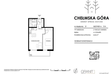 Rzut - Mieszkanie na sprzedaż 2 pokoje o powierzchni 44,36 m² - numer 13A-M21 w Chełmska Góra etap II
