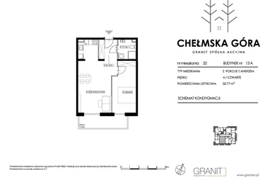 Rzut - Mieszkanie na sprzedaż 2 pokoje o powierzchni 50,77 m² - numer 13A-M22 w Chełmska Góra etap II