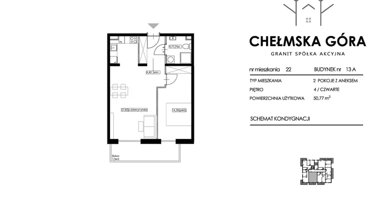 Rzut - Mieszkanie na sprzedaż 2 pokoje o powierzchni 50,77 m² - numer 13A-M22 w Chełmska Góra etap II