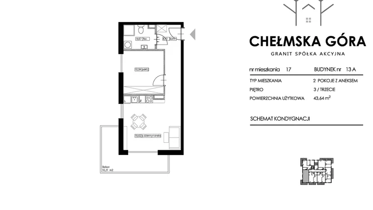 Rzut - Mieszkanie na sprzedaż 2 pokoje o powierzchni 43,64 m² - numer 13A-M17 w Chełmska Góra etap II