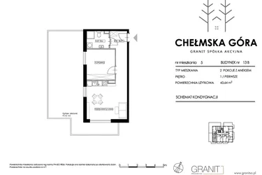Rzut - Mieszkanie na sprzedaż 2 pokoje o powierzchni 43,64 m² - numer 13B-M5 w Chełmska Góra etap II
