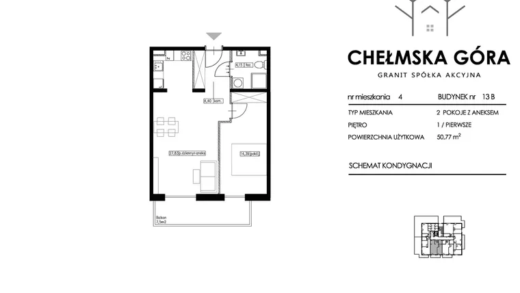 Rzut - Mieszkanie na sprzedaż 2 pokoje o powierzchni 50,77 m² - numer 13B-M4 w Chełmska Góra etap II